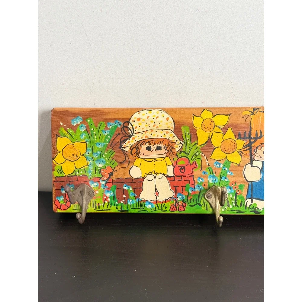 Vintage 1975 Hand Painted Wood Wall Hook Coat Rack Folk Art Cottagecore Retro